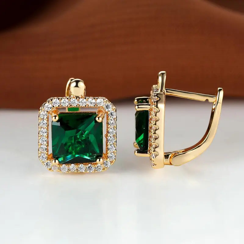 Golden Green Square Zirconia Boucles d’oreilles | Doré