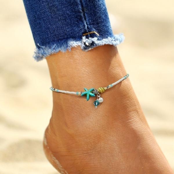 Bracelet de Cheville Étoile et Coquillage aux Pierres Naturelles