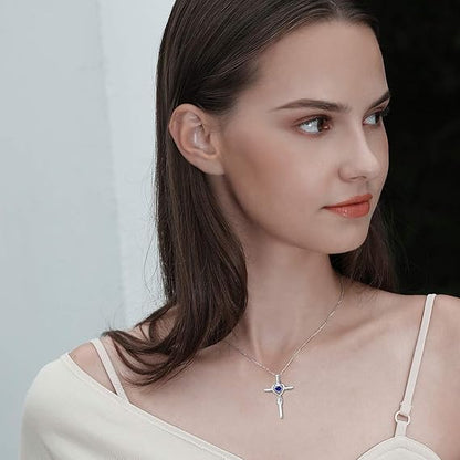 Sapphire Heart Stone Cross Collier | Or blanc
