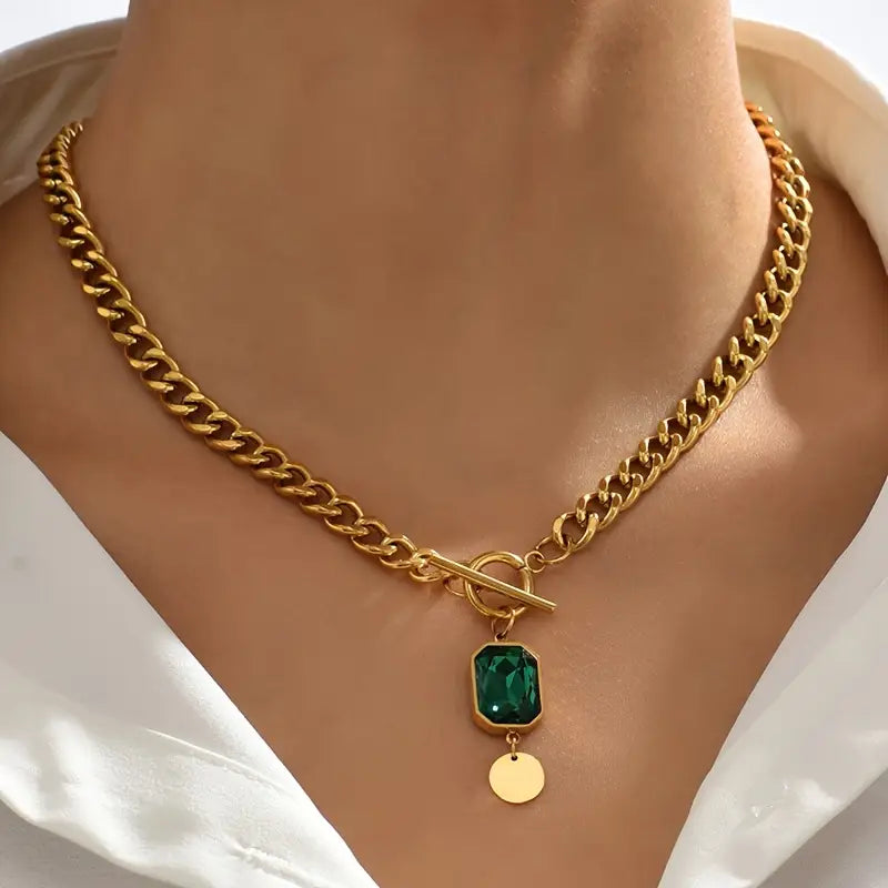 Chunky Chain Emerald Collier pendentif | Doré