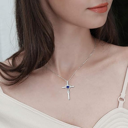Sapphire Heart Stone Cross Collier | Or blanc