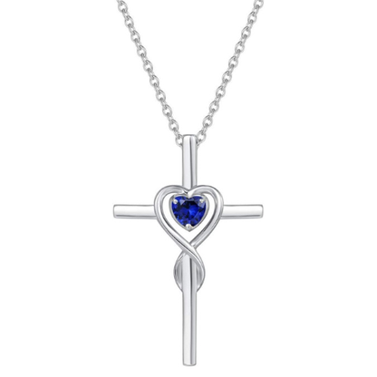 Sapphire Heart Stone Cross Collier | Or blanc