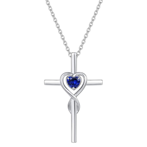Sapphire Heart Stone Cross Collier | Or blanc