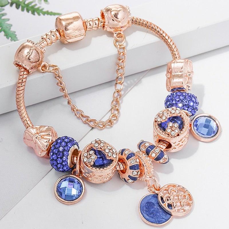 Bracelet Argenté Rose et Cristal Bleu