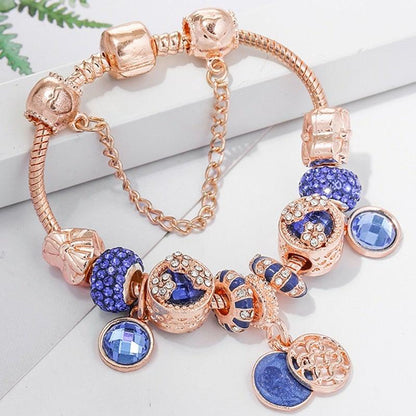 Bracelet Argenté Rose et Cristal Bleu