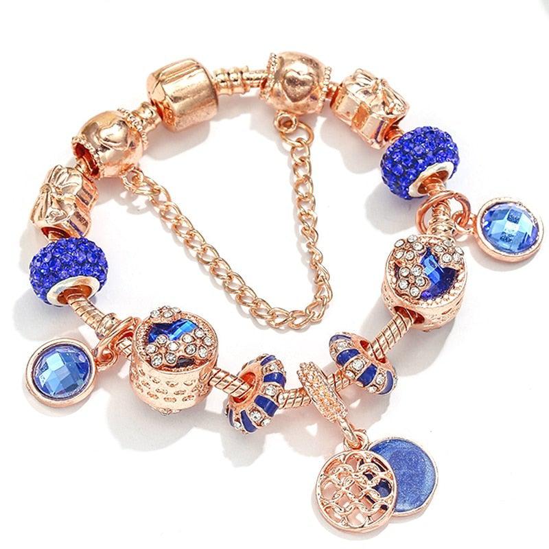 Bracelet Argenté Rose et Cristal Bleu