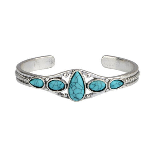 Bracelet ouvert goutte turquoise | Or blanc
