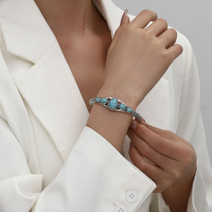 Bracelet ouvert goutte turquoise | Or blanc