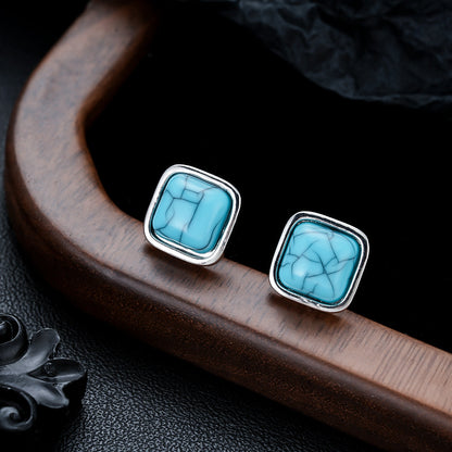 Puces d’oreilles carrées turquoise | Or blanc