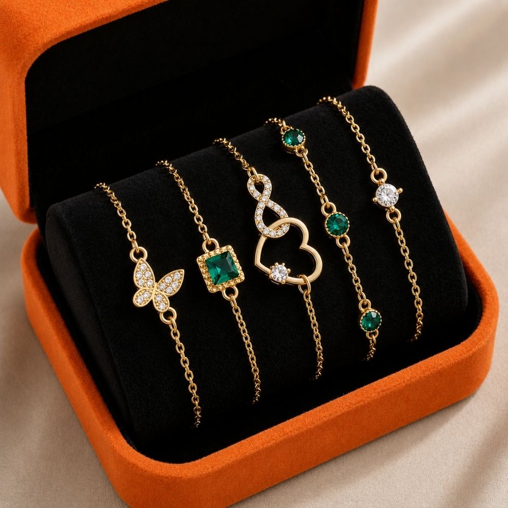 Ensemble de Bracelets Cœur aux Cristaux Verts