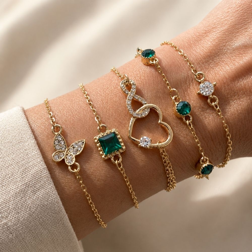 Ensemble de Bracelets Cœur aux Cristaux Verts