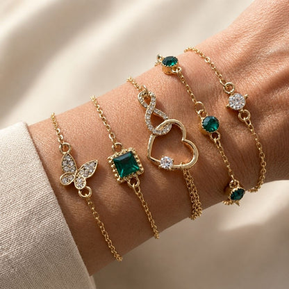 Ensemble de Bracelets Cœur aux Cristaux Verts