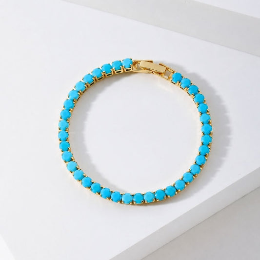 Bracelet Tennis Doré aux Turquoises Rondes