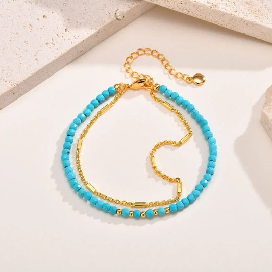 Bracelet Turquoise Intemporel Doré à Double Chaîne