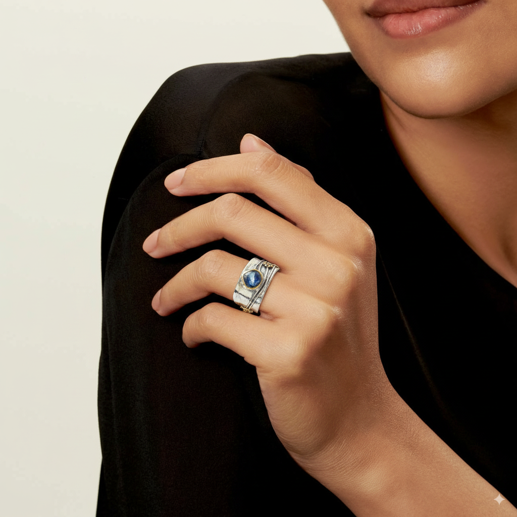 Bague en argent vintage avec cristal bleu