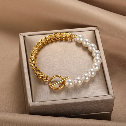 Bracelet Élégant Doré et Perlé