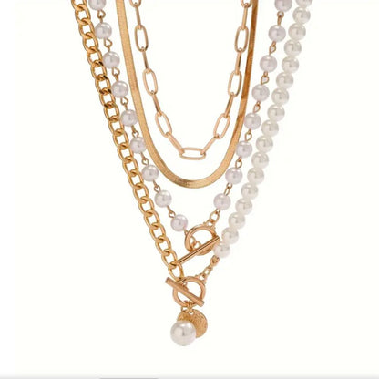 Vintage Pearl & Gold Snake Chain Necklace Set
